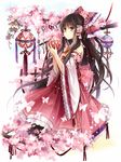  bare_shoulders bell black_hair bow brown_eyes bug butterfly cherry_blossoms detached_sleeves hagiwara_rin hair_bow hair_tubes hakurei_reimu holding insect long_hair solo touhou very_long_hair 