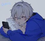  1boy absurdres blue_eyes blue_hoodie character_name grey_background hair_between_eyes highres hiiragi_hiiro holding holding_phone hood hoodie hugging_object looking_at_phone male_focus one_eye_closed open_mouth original phone pillow pillow_hug short_hair sketch solo upper_body 
