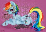  bridle butt cindacry cloth clothing cutie_mark equine female feral friendship_is_magic hair horse legwear long_hair looking_at_viewer mammal multi-colored_hair my_little_pony pegasus pony purple_eyes rainbow_dash_(mlp) rainbow_hair saddle smitty_g socks solo stockings whip wings 