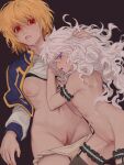  2girls absurdres blonde_hair blue_eyes breasts brown_background clothes_pull curly_hair eyelashes genderswap genderswap_(mtf) hair_between_eyes highres hunter_x_hunter ik18166181ik killua_zoldyck kurapika lingerie long_hair looking_at_viewer multiple_girls navel nipples nude parted_lips partially_undressed profile pussy red_eyes shiny_skin short_hair small_breasts underwear upper_body yuri 