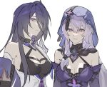  2girls acheron_(honkai:_star_rail) bare_shoulders black_choker black_swan_(honkai:_star_rail) breasts choker cleavage dress hair_over_one_eye honkai:_star_rail honkai_(series) large_breasts long_hair looking_at_viewer multicolored_hair multiple_girls purple_eyes purple_hair ridnmkl single_bare_shoulder sleeveless sleeveless_dress streaked_hair upper_body veil very_long_hair white_background yellow_eyes 