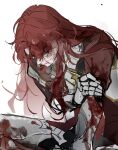  1boy argenti_(honkai:_star_rail) armor blood blood_on_clothes blood_on_face hair_between_eyes highres honkai:_star_rail honkai_(series) injury long_hair male_focus oryunbunkosu red_hair simple_background solo white_background 