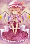  ascot bad_id bad_pixiv_id blonde_hair flandre_scarlet hat hat_ribbon highres kiiro_usagi purple_background red_eyes ribbon short_sleeves side_ponytail sitting skirt skirt_set solo touhou v_arms wings 