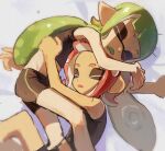  2girls agent_3_(splatoon) agent_8_(splatoon) closed_eyes commentary_request green_hair highres hug inkling inkling_girl inkling_player_character jitian114514 long_hair lying medium_hair multiple_girls octoling octoling_girl octoling_player_character on_side open_mouth pointy_ears red_hair sleeping splatoon_(series) splatoon_1 splatoon_2 splatoon_2:_octo_expansion tentacle_hair white_background yuri 