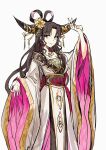  1girl black_hair black_horns black_sash breasts chinese_clothes chinese_commentary closed_mouth commentary_request fate/extra fate/extra_ccc fate/grand_order fate_(series) feet_out_of_frame flower forehead_tattoo gold_tassel gold_trim hair_flower hair_ornament hair_rings hand_up hanfu horn_ornament horns large_horns long_hair long_sleeves looking_at_viewer medium_breasts mudra multicolored_hair obi parted_bangs pink_hair sash sessyoin_kiara sidelocks simple_background smile solo streaked_hair tassel vitarka_mudra white_background white_hanfu wide_sleeves yellow_eyes yellow_flower zerocastle 