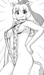  animal_ears bare_arms breasts emphasis_lines eyebrows_visible_through_hair giraffe_ears giraffe_print giraffe_tail greyscale hand_on_hip highres kemono_friends long_hair looking_at_viewer medium_breasts monochrome multicolored_hair murakami_kou_(raye) navel ponytail print_scarf print_swimsuit raised_eyebrow reticulated_giraffe_(kemono_friends) scarf slingshot_swimsuit smile smug solo swimsuit 