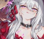  black_choker black_gloves choker evil_smile evzeva gloves highres honkai_(series) honkai_impact_3rd jacket licking_lips naughty_face purple_eyes red_jacket smile spikes string thelema_(honkai_impact) tongue tongue_out white_hair 