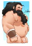  1boy absurdres bara beard big_belly blush brown_hair completely_nude cropped_legs dungeon_meshi dwarf facial_hair fat fat_man flaccid highres large_areolae large_pectorals loincloth long_beard looking_at_viewer male_focus no_headwear nude pectorals penis senshi_(dungeon_meshi) solahr_(kayashima_soru) solo sparse_navel_hair sweat thick_arms thick_mustache uncensored very_long_beard 