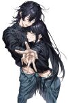  1boy 1girl absurdres black_hair blue_pants blush chamuring crop_top from_above hands_up head_rest highres hug leaning_on_person long_hair male_focus original pants sharp_teeth siblings smile straight_hair teeth twins upper_teeth_only v white_eyes wolf_cut 