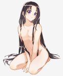  1boy black_hair character_request collarbone commentary_request completely_nude copyright_request full_body highres light_blush long_hair looking_at_viewer male_focus navel nipples nude otoko_no_ko parted_lips pectorals purple_eyes seiza simple_background sitting solo sweatdrop very_long_hair white_background wide-eyed yukinotomotaku 