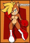 anthro bandicoot big_breasts boots boxing_gloves breasts brown_body brown_fur casual_nudity cinnamon_the_bandicoot clothed clothed/nude clothing curvy_figure fan_character female footwear fur handwear hi_res mammal marsupial mohawk nude one_eye_closed sega smug smug_face solo sonic_the_hedgehog_(series) tall_boots toyminator900 wide_hips wink
