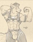 abs animal_genitalia anthro balls belt body_harness canid canine canis chaps ear_piercing flexing flexing_bicep furgonomics furry-specific_piercing genital_piercing genitals harness hi_res male mammal monochrome muscular muscular_anthro muscular_male piercing richard_foley sepia sharp_teeth sheath sheath_piercing solo teeth wold wolf