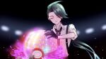  1girl ahoge androgynous black_gloves black_necktie blurry blurry_background closed_eyes closed_mouth collared_shirt dynamax_ball earrings gloves glowing green_hair holding holding_poke_ball jewelry kana_(kanna_runa0620) long_hair necktie poke_ball pokemon pokemon_sv ponytail reverse_trap rika_(pokemon) shirt sleeves_rolled_up solo suspenders throwing white_shirt 