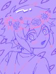  0tz026 1boy basil_(headspace)_(omori) basil_(omori) blush flower head_wreath highres limited_palette looking_at_viewer omori open_mouth overalls smile solo something_(omori) 