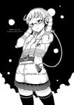  blush camera glasses greyscale headphones hood hood_down hoodie millipen_(medium) monochrome neyuki_rei nib_pen_(medium) original pleated_skirt short_hair skirt solo thighhighs traditional_media 