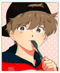  1boy baseball_cap blush brown_eyes brown_hair dotted_background fork ganbare!_nakamura-kun!! hat holding holding_fork hood hoodie looking_at_viewer male_focus pink_background portrait red_hoodie retro_artstyle shundei_(enig) 