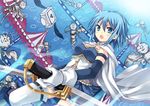  armband blue_eyes blue_hair cape daniyyel+jennifer gloves h.n.elly_(kirsten) halo looking_at_viewer magical_girl mahou_shoujo_madoka_magica miki_sayaka open_mouth peach_(momozen) short_hair solo sword thighhighs weapon wings witch's_labyrinth 