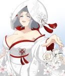  azareiya_0702 blue_background blue_eyes breasts chinese_knot cleavage flower grey_hair highres japanese_clothes jewelry kimono large_breasts light_blush low_neckline medium_hair open_mouth petals ribbon-trimmed_kimono ring senran_kagura smile uchikake wedding_ring white_flower white_kimono yumi_(senran_kagura) 