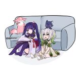  2girls alternate_hairstyle artist_name cat coach comb fox genshin_impact green_eyes highres instagram_logo instagram_username kamiiart multiple_girls nahida_(genshin_impact) panties panty_peek pointy_ears purple_eyes purple_hair raiden_shogun scaramouche_(cat)_(genshin_impact) scaramouche_(genshin_impact) thighhighs toeless_legwear twintails twitter_logo twitter_username underwear white_hair yae_miko yae_miko_(fox) 