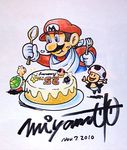  2010 2boys anniversary blue_eyes bob-omb brown_hair cake dated eating facial_hair food hat koopa lowres mario mario_(series) miyamoto_shigeru multiple_boys mushroom mustache nintendo overalls signature star super_mario_bros. toad toad_(mario) 