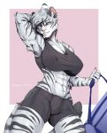 abs anthro black_stripes blue_eyes breasts chest_tuft clothing facial_tuft felid female fur galdway hi_res mammal muscular muscular_female nipple_outline pantherine solo striped_body striped_fur stripes tiger tuft white_body white_fur