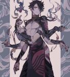  1boy black_hair black_nails conohi_(snvcenni) dangle_earrings dark-skinned_male dark_skin earrings extra_arms hair_over_one_eye hinduism jewelry looking_at_viewer male_focus original pectorals smile standing upper_body yellow_eyes 