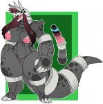  aggron anthro big_breasts blue_eyes breasts claws demonnyuu female hair horn long_hair nintendo nipples non-mammal_breasts nude open_mouth pok&eacute;mon pok&eacute;mon_(species) pussy scalie simple_background solo standing thick_thighs video_games wide_hips 