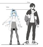  1boy 1girl absurdres ahoge blue_hair coat full_body height_chart highres jacket jewelry kise_itsuki loafers long_hair necklace open_clothes open_coat open_jacket open_mouth original pantyhose shoes simple_background smile sneakers spot_color sweater white_background yellow_eyes 