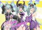  3girls absurdres ahoge alchemy_stars averting_eyes bandaid bandaid_on_face bandaid_on_nose blush breasts claws closed_eyes collar confetti detached_sleeves embarrassed english_text eyebrows_hidden_by_hair fake_horns feet_out_of_frame fire frimet_(alchemy_stars) garter_belt gauntlets green_hair hair_between_eyes hair_over_one_eye helmet highres horned_helmet horns leotard long_hair looking_at_another lower_teeth_only merylt_(alchemy_stars) metal_collar multiple_girls namomihagi010 navel ponytail purple_eyes purple_shirt shirt short_hair shorts shoulder_pads side_ponytail side_slit simple_background single_leg_pantyhose small_breasts smile stomach subli_(alchemy_stars) sweatdrop teeth upper_teeth_only very_long_hair white_leotard white_shorts wide_sleeves 