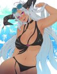  1girl artist_name bikini black_bikini breasts curled_horns dark-skinned_female dark_skin eyewear_on_head fangs fediel_(granblue_fantasy) fediel_(summer)_(granblue_fantasy) granblue_fantasy grey_hair hair_between_eyes highres horns koyorin large_breasts long_hair navel open_mouth pointy_ears purple_eyes round_eyewear solo sunglasses swimsuit very_long_hair 