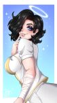  1girl angel bandaged_arm bandages black_hair blue_background blue_eyes crazyglitter ear_piercing english_commentary halo helltaker highres looking_at_viewer mouth_piercing nose_piercing pants piercing sharp_teeth shirt short_hair teeth white_pants white_shirt zdrada_(helltaker) 