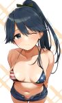  1girl ;) alternate_costume american_flag_bikini arms_behind_back bikini black_hair blue_eyes breasts breasts_apart collarbone commentary_request denim denim_shorts flag_print hair_between_eyes houshou_(kancolle) kantai_collection long_hair looking_at_viewer medium_breasts navel one_eye_closed open_clothes open_shorts ponytail sawamura_aoi shorts simple_background smile solo swimsuit twitter_username 