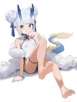  1girl barefoot blue_eyes blue_panties blush breasts china_dress chinese_clothes double_bun dragon_girl dragon_horns dragon_tail dress full_body fur_shawl hair_bun highres horns looking_at_viewer original panties pantyshot shawl short_dress simple_background sitting small_breasts smile solo tail thigh_strap toes underwear white_background white_dress white_hair wuju_(1198979953) 