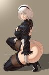  1girl 2b_(nier:automata) ass blue_eyes breasts cleavage full_body gloves highres huge_ass large_breasts leotard looking_at_viewer mole mole_under_mouth nier:automata nier_(series) short_hair smile solo thick_thighs thighhighs thighs white_hair xelaroseart 