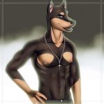  blue_eyes canine cross doberman dog looking_at_viewer male mammal necklace nipples pose rafflone solo standing topless 