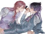  2boys absurdres blue_eyes blue_suit blush bottle chamuring clothes_pull drinking drunk ear_piercing from_side frown haitani_rindou hand_on_another&#039;s_leg highres holding holding_bottle jacket jacket_pull leaning_back leaning_forward lying male_focus multiple_boys necktie pants piercing pink_hair purple_eyes purple_hair purple_necktie purple_suit red_necktie sanzu_haruchiyo shirt spilling suit tokyo_revengers vest white_shirt wine_bottle wolf_cut yaoi 
