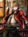  1boy belt black_pants blonde_hair blue_eyes closed_mouth commentary_request denim dual_persona end_of_eternity gun holding holding_gun holding_weapon jacket jeans open_clothes open_jacket pants red_jacket shinrin_kusaba short_hair smile smirk solo standing upper_body weapon zephyr_(end_of_eternity) 