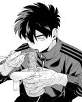  1boy black_hair chopsticks cup cup_ramen ear_piercing greyscale head_down holding holding_chopsticks holding_cup jacket looking_at_viewer male_focus monochrome open_mouth original piercing scar scar_on_hand sportswear track_jacket udukiao 