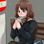  bench blush brown_hair coat glasses lowres oekaki original plaid plaid_scarf scarf short_hair snowing solo supopo_(pi4v2000) warming warming_hands winter 