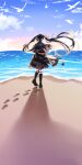 1girl absurdres ahoge backlighting beach bird black_hair black_socks blue_sky brown_capelet brown_footwear brown_skirt capelet commentary day drop_shadow floating_hair frilled_skirt frills from_behind hair_ribbon hashtag_only_commentary highres honma_misuzu kneehighs knees_together_feet_apart loafers long_hair ocean outdoors ribbon ririi_(ai-my_talikng) sakura_no_toki school_uniform seagull shoes skirt sky socks solo standing twintails very_long_hair white_ribbon wide_shot wind 