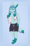 anthro barefoot bottomwear clothed clothing eeveelution fawnishy feet generation_4_pokemon glace_(~hey_yo~) glaceon hand_in_pocket male nintendo pockets pokemon pokemon_(species) shorts smile smiling_at_viewer solo topless topless_anthro topless_male towel towel_around_neck