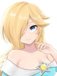  1girl blonde_hair blue_dress blue_eyes breasts cleavage closed_mouth commentary_request dress earrings hair_over_one_eye highres jewelry large_breasts long_hair looking_at_viewer mario_(series) off-shoulder_dress off_shoulder parted_bangs rosalina simple_background smile solo star_(symbol) star_earrings tomatomiya upper_body white_background 