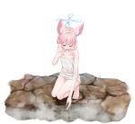  1girl absurdres animal_ear_fluff animal_ears blue_archive blush closed_eyes collarbone extra_ears flat_chest fox_ears highres naked_towel niko_(blue_archive) onsen open_mouth pink_hair rock short_hair simple_background solo toes tomu_(tom_309k) towel water white_background white_towel 