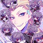  2boys anger_vein angry antonio_salieri_(fate) antonio_salieri_(second_ascension)_(fate) ascot black_jacket black_pants blonde_hair blue_eyes brown_footwear cake chibi clenched_teeth crying crying_with_eyes_open fangs fate/grand_order fate_(series) food fork gloves grey_hair grin hair_between_eyes hair_intakes half_updo holding holding_fork holding_knife holding_paper holding_weapon jacket knife lightning_bolt_symbol long_hair looking_at_another looking_at_viewer male_focus multiple_boys nekohai_darake open_mouth outline pants paper purple_background red_ascot red_eyes sharp_teeth sheet_music shoes simple_background sitting smile sparkle star_(symbol) sweatdrop tears teeth upper_body v v-shaped_eyes weapon white_gloves white_outline wolfgang_amadeus_mozart_(fate) 