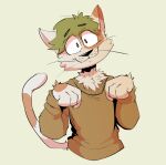 anthro clothed clothing domestic_cat eyebrow_through_hair eyebrows felid feline felis fur green_hair hair looking_at_viewer male mammal rabbitpatches smile smiling_at_viewer solo tail translucent translucent_hair whiskers