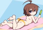  1girl :t ahoge ass average-hanzo barefoot beach_towel blush chibi commentary english_commentary feet food from_behind full_body huge_ahoge jaggy_lines legs_up linne looking_back lying oekaki on_stomach panties popsicle purple_eyes short_hair soles solo the_pose topless towel under_night_in-birth underwear yellow_panties 
