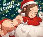  1girl :p bent_over bikini brown_hair butt_crack character_request christmas christmas_tree closed_mouth copyright_request crossed_arms elbow_gloves flat_chest fur-trimmed_legwear fur_trim glasses gloves hair_behind_ear half-closed_eyes hat highres kneeling kurozu_(crozu) long_hair merry_christmas parted_bangs red_bikini red_eyes red_gloves red_thighhighs sack santa_hat semi-rimless_eyewear side-tie_bikini_bottom smile solo swimsuit thighhighs tongue tongue_out 