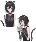  1girl :d animal_ear_fluff animal_ears arm_strap arm_tattoo black_hair cat_ears cat_tail choker coffee_mug cup earrings fingerless_gloves gloves highres holding holding_cup jewelry looking_at_viewer messy_hair mug nail_polish necklace original otyappa078 punk purple_eyes short_hair sleeveless smile spiked_choker spikes tail tattoo white_background 