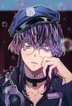  1boy black_choker bubble choker cuffs glasses haitani_rindou hand_up handcuffs hat highres idol looking_at_viewer male_focus multicolored_hair name_tag neck_tattoo pago0024 police police_hat police_uniform purple_eyes purple_hair sticker_on_face tattoo tokyo_revengers two-tone_hair uniform wolf_cut 