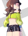  1girl alternate_costume belt black_belt black_choker black_shorts blowing_bubbles bracelet brown_hair brown_hat chewing_gum choker eyelashes green_jacket grey_eyes hand_on_own_hip hat highres hilda_(pokemon) jacket jewelry kana_(kanna_runa0620) long_hair looking_to_the_side midriff navel off-shoulder_jacket off_shoulder pokemon pokemon_bw shorts sidelocks solo zipper 